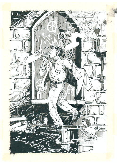 In-progress inks and tones for the film poster.