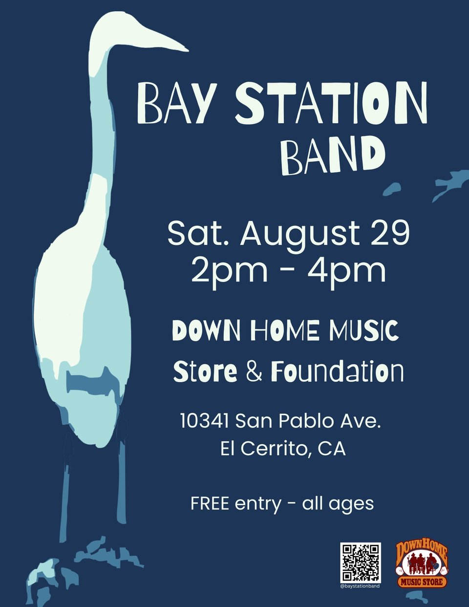 Bay Station Band flyer for their  in-store performance at Down Home Music Store in El Cerrito on Saturday, August 29 2-4pm. Free all ages show