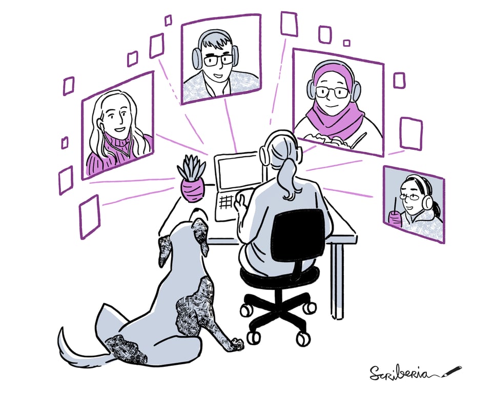 A person sitting in an online call with four other people located in other parts of the worls. There is small plant on the desk next of the computer, and a dog sitting on the floor.