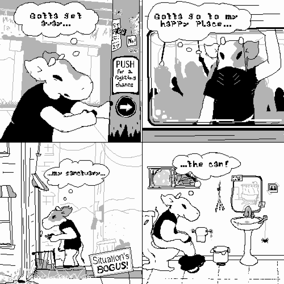 Panel one: Amy presses a crosswalk button labeled "push for a fighting chance" and thinks, "Gotta get away..." Panel two: Amy is on the bus, thinking "Gotta go to my happy place..." Panel three: now at home, unlocking the front door, Amy continues, "...my sanctuary..." Panel four: "...the can!" Amy, now smiling, is in the bathroom, seated on the toilet.'