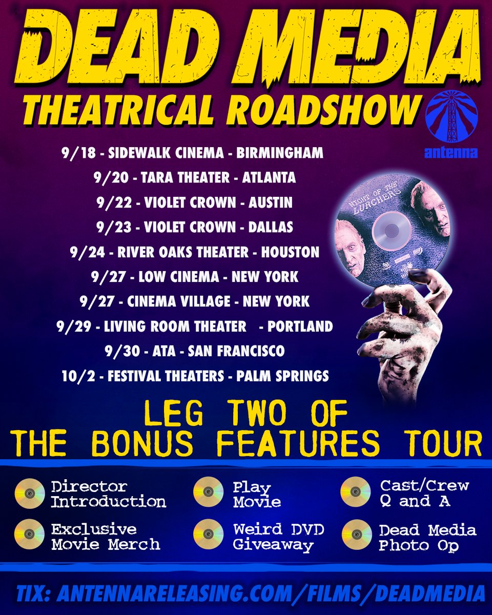 An ad for the horror movie Dead Media's roadhshow. A monster hand holds a glowing DVD. Dates and locations are listed. The same stops in the text above this photo!