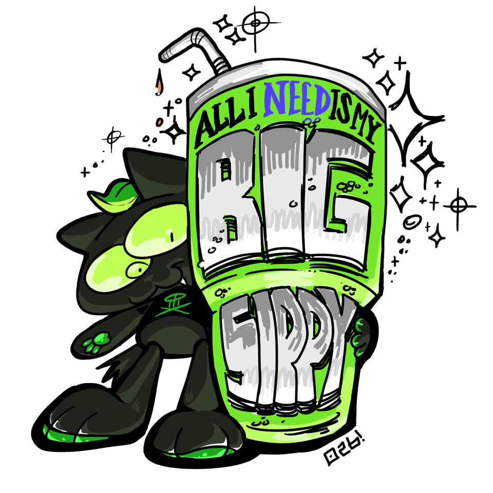 A giant green cup with a straw coming out of it is filled with tea that Lime the black cat nekomata is holding onto with joy. "all i need is my big sippy"