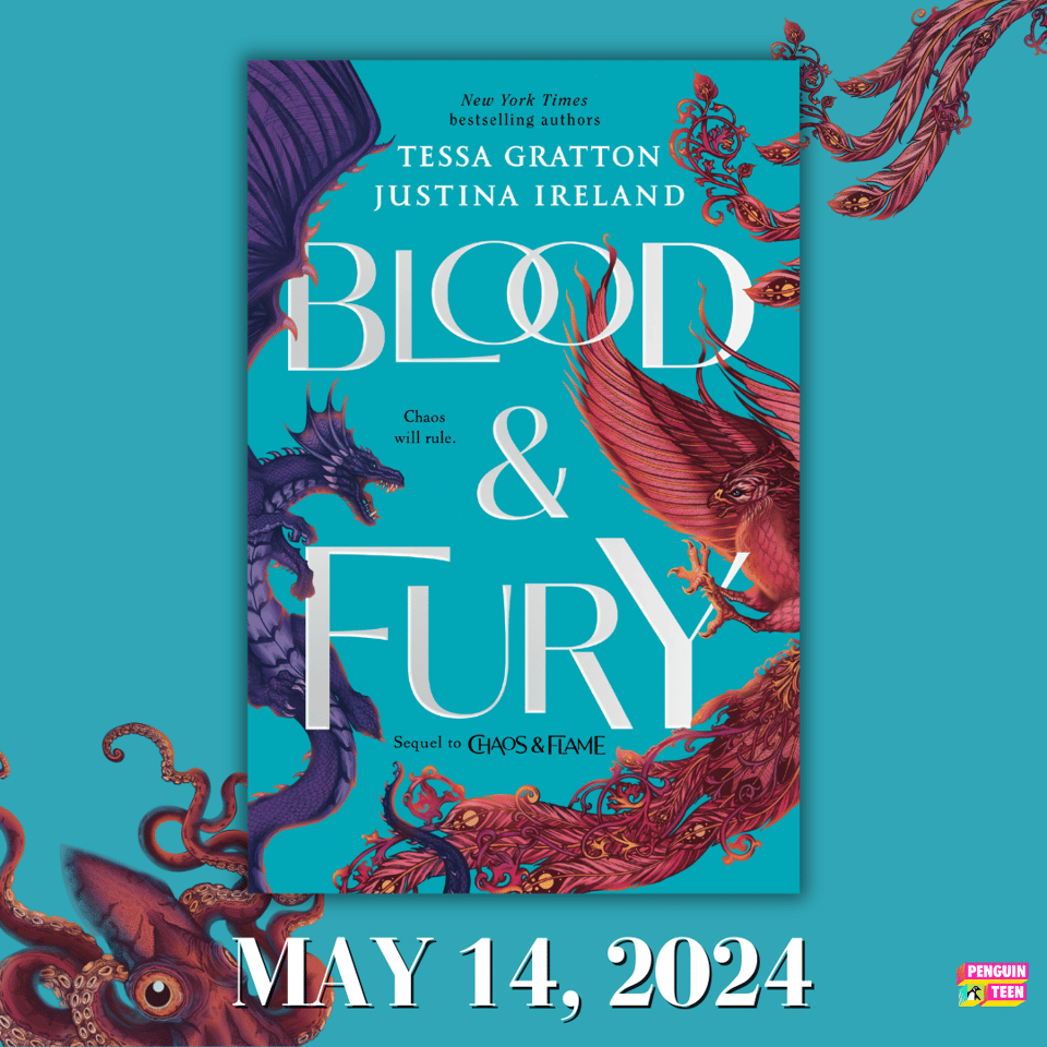 Cover of Blood & Fury, a dragon and a phoenix fighting on a teal background
