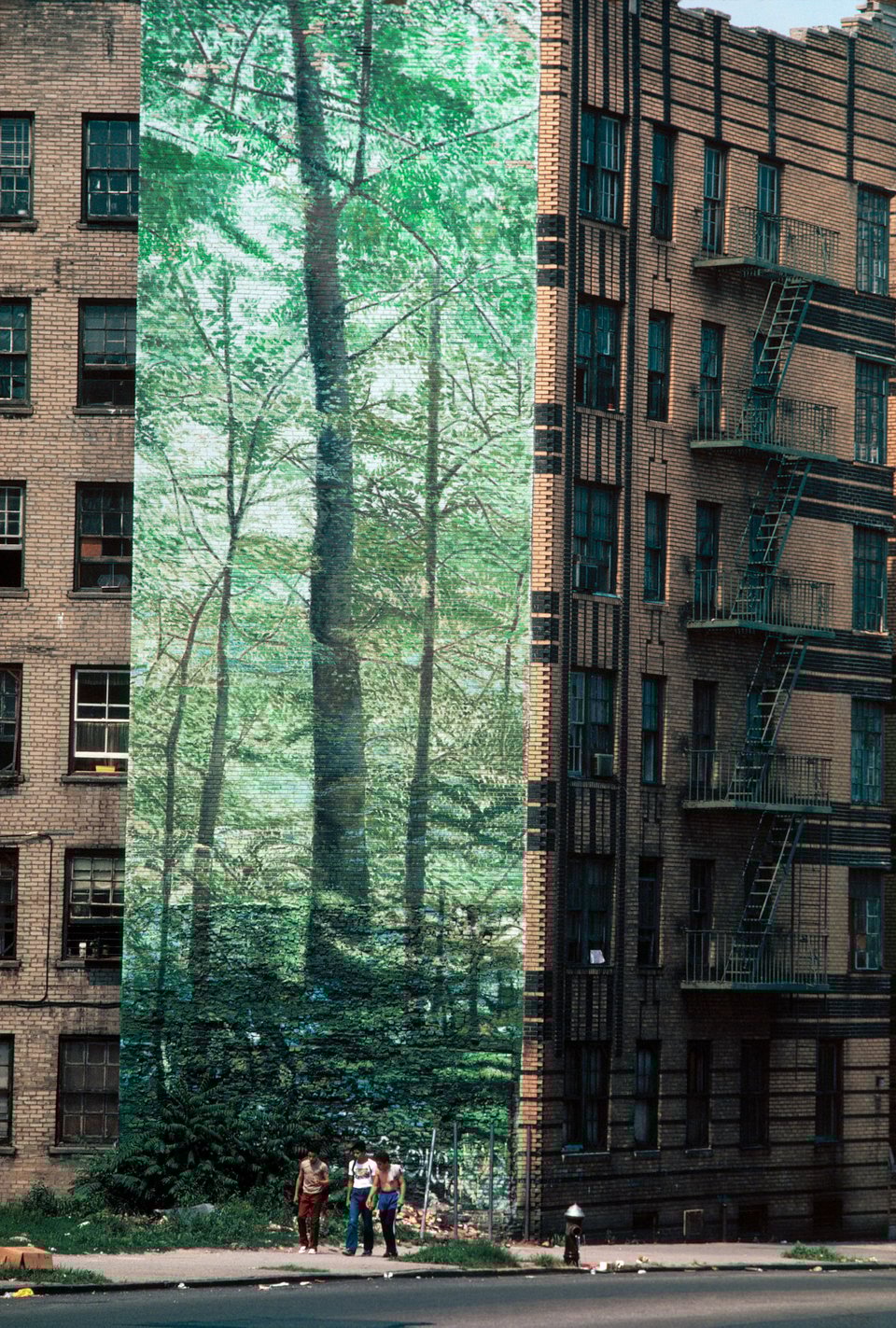 A small group of men standing in front of a long, colorful green mural of a forest positioned in front of tall brick buildings in the Bronx