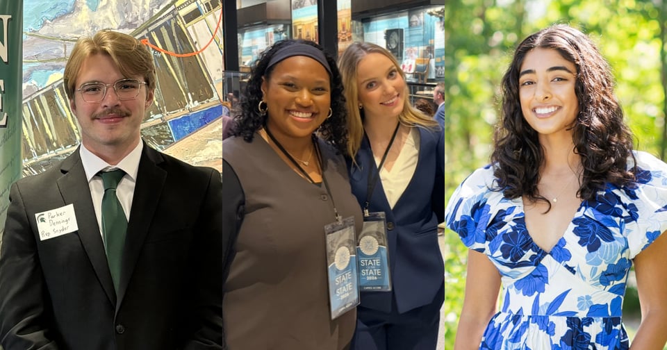 Left: JMC student wearing a black suit, white collared shirt and green tie. Center: Two JMC students photographed together smiling. Right: JMC student, photographed outdoors wearing a blue and white dress.