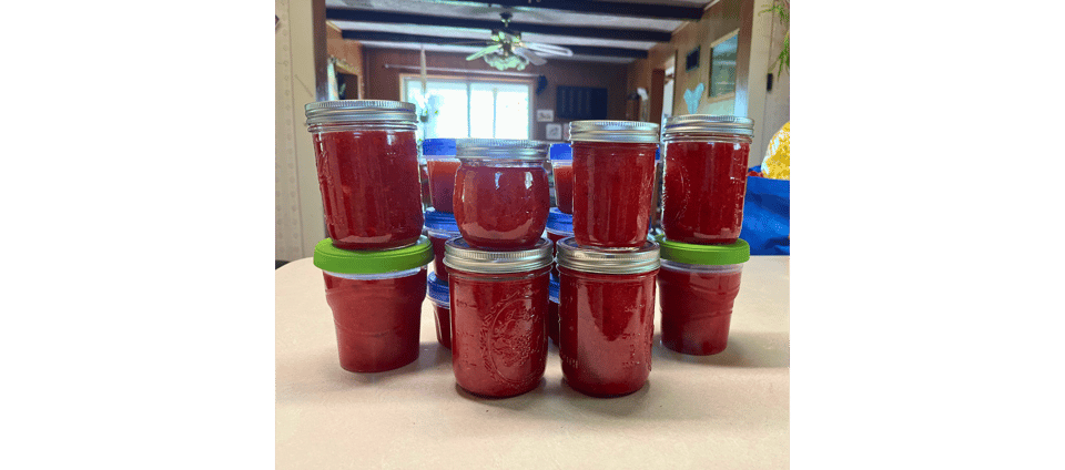 jars of homemade strawberry freezer jam