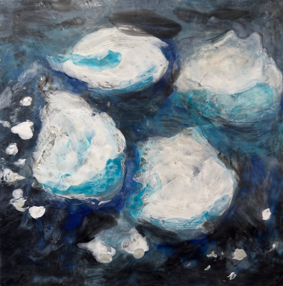 painting of sea ice - whites and blues on dark background