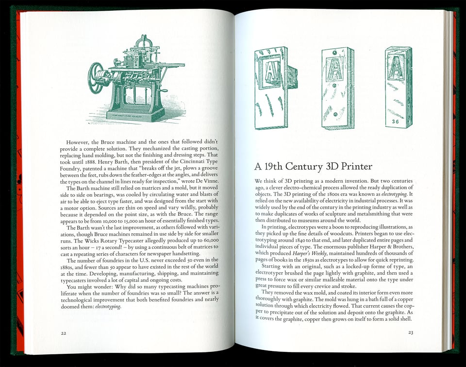 Spread of book with green illustrations at top and text below