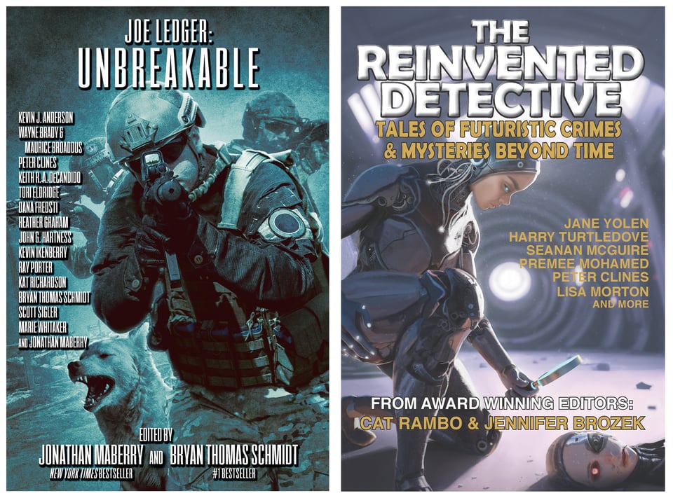 The covers for Joe Ledger: Unbreakable (showing several men in tactical gear) and for The Reinvented Detective (showing a very humanoid robot examining the damaged head of an almost identical robot oon the ground)