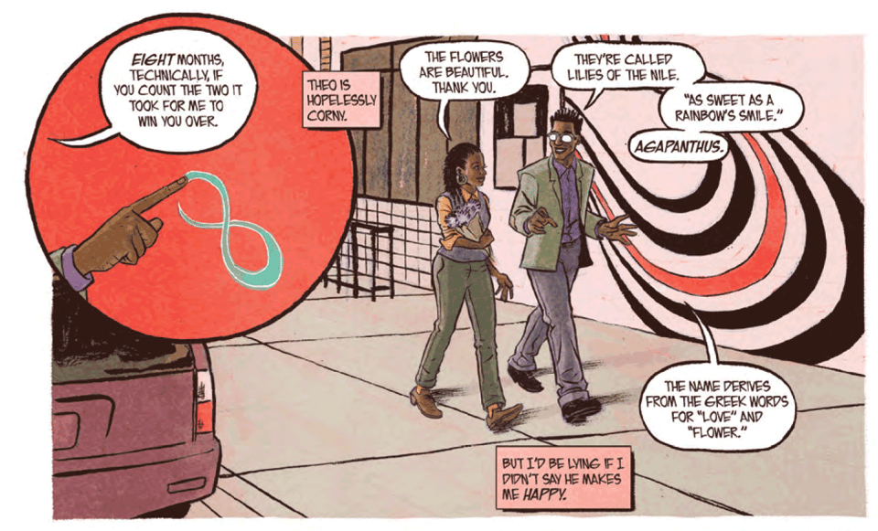 Panel from Spectrum issue 2, where Ada and Theo are walking down a street in Los Angeles while discussing their relationship.