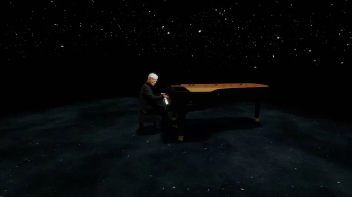 An image of the Ryuichi Sakamoto avatar playing the grand piano in the Kagami AR experience. Sakamoto has white floppy hair and is wearing a black suit. A night sky filled with stars is above him, and that night sky is reflected in the floor below him.