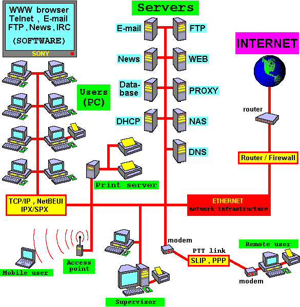 colorful image of routers, computers, and servers showing how a local area network is connected
