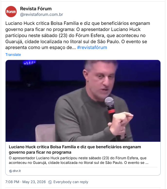 Post de ‪Revista Fórum (‪@revistaforum.com.br‬) :

Luciano Huck critica Bolsa Família e diz que beneficiários enganam governo para ficar no programa: O apresentador Luciano Huck participou neste sábado (23) do Fórum Esfera, que aconteceu no Guarujá, cidade localizada no litoral sul de São Paulo. O evento se apresenta como um espaço de… #revistafórum

Post contém um link: https://revistaforum.com.br/economia/luciano-huck-critica-bolsa-familia-e-diz-que-beneficiarios-enganam-governo-para-ficar-no-programa