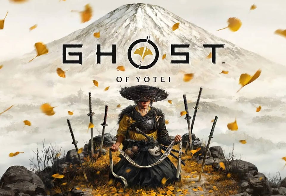 Promotional image of Ghost of Yotei with Atsu kneeled. Mount Yotei is on the background.