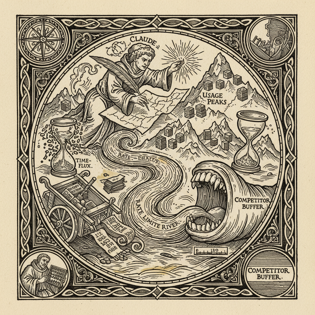 A woodblock-print plate from the agent infrastructure expedition — coding token ledger