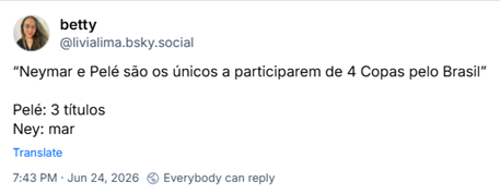 Post de ‪betty‬ (‪@livialima.bsky.social‬): “Neymar e Pelé são os únicos a participarem de 4 Copas pelo Brasil”
Pelé: 3 títulos
Ney: mar