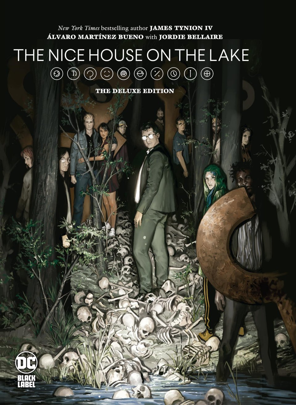 The cover for the deluxe edition of The Nice House On The Lake, showing Walter and the assembled group of survivors at the edge of woods - surrounded by mysterious symbols jutting out of the ground - looking at the reader, the lake in the foreground filled with human bones.