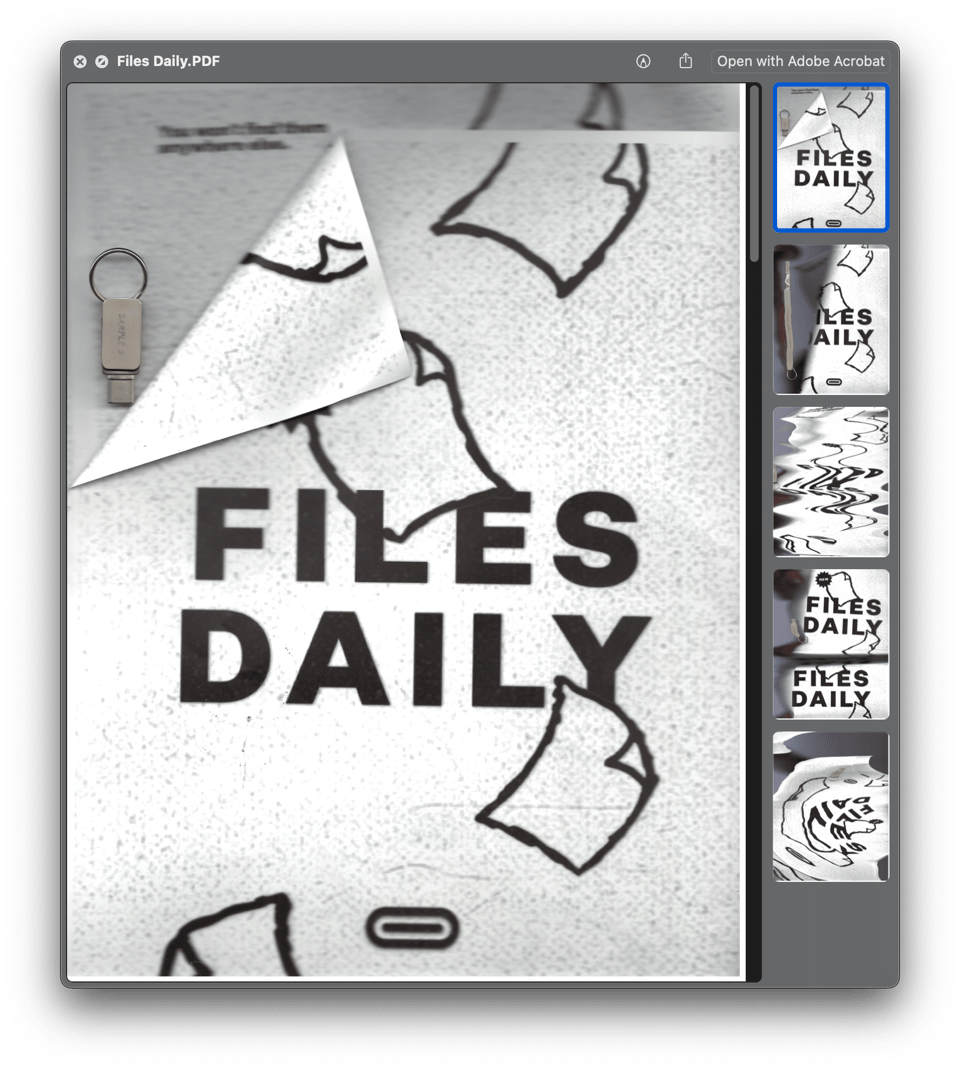 A PDF preview window with an image of a piece of paper depicting other pieces of paper that says Files Daily. The corner of the paper is dog-eared to reveal a usb underneath.