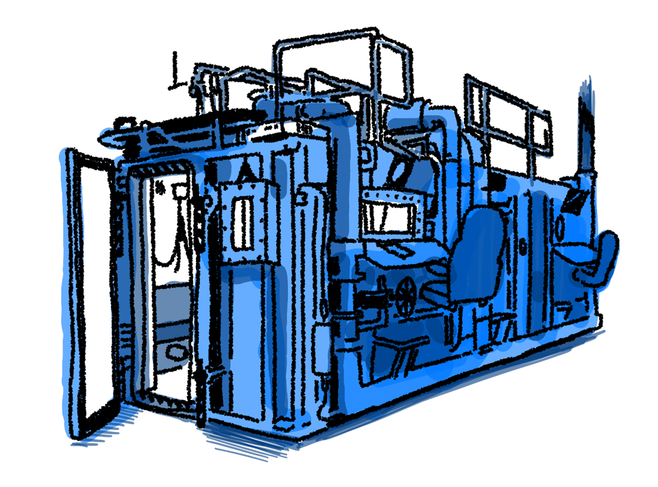 An illustration of what looks like a shipping container with lots of greebling: many pipes around it, large plexiglass portholes, and a heavy metal door that is open.