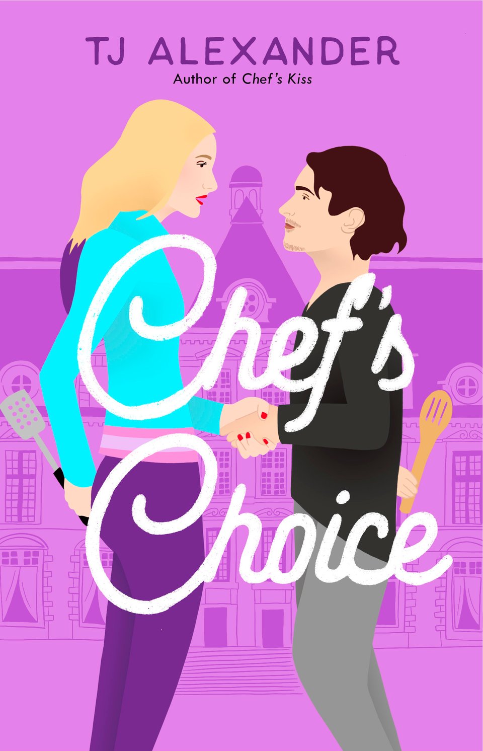 The cover of Chef's Choice shows a white woman shaking hands with a white man. She is taller. They are both holding cooking implements behind their backs. The background is purple.