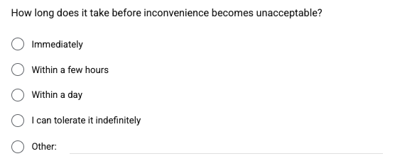 An example question from the Petrodesire Questionnaire reads, "How long does it take before inconvenience becomes unacceptable?" Multiple-choice answers include, "Immediately," "Within a few hours," Within a day," "I can tolerate it indefinitely," and "Other [fill in the blank]."