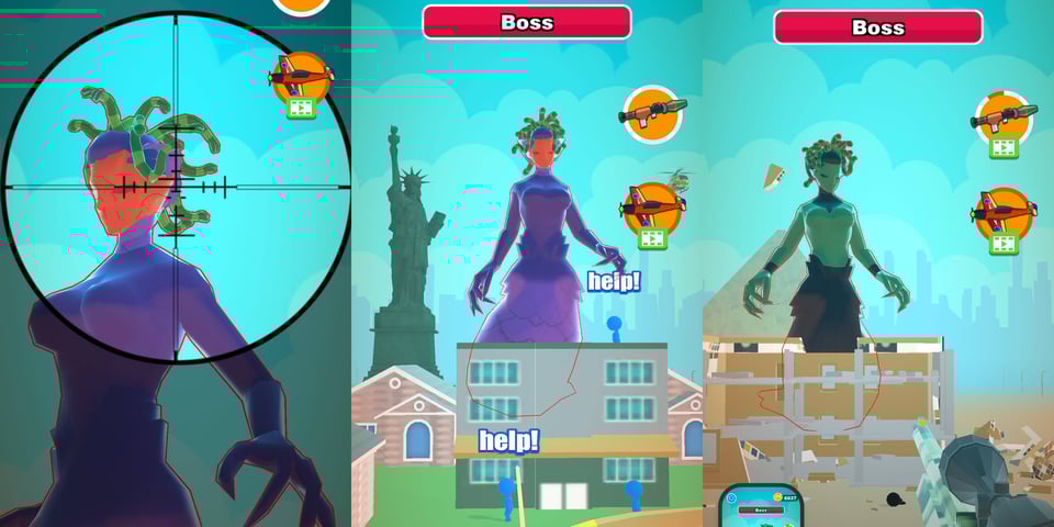 Three screenshots from Giant Wanted, one that holds a gigantic gorgon in the crosshairs, and two that show the gorgon rampaging through two different cities. The graphics are low quality and stylized