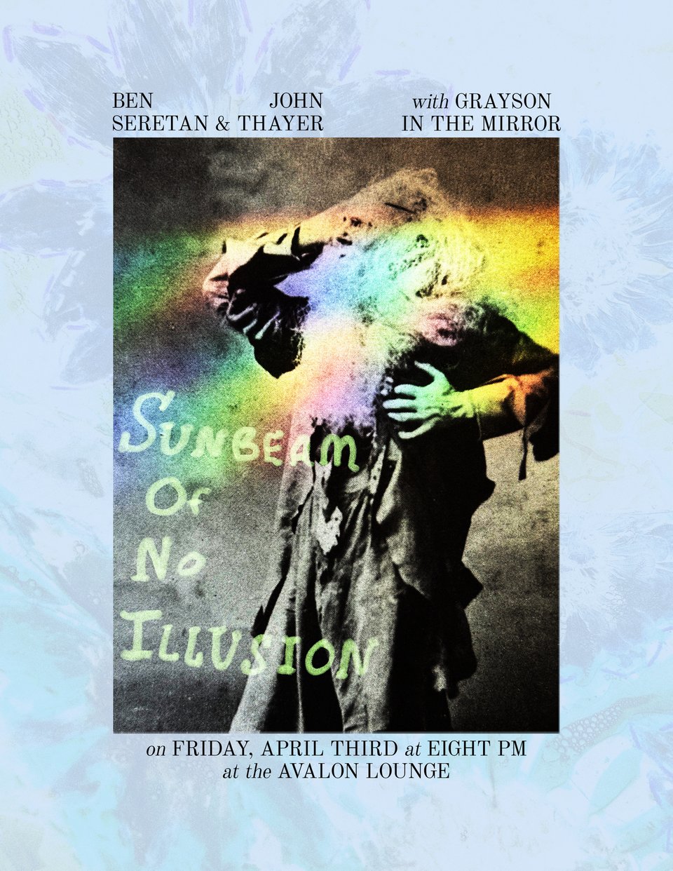 Ben Seretan and John Thayer with Grayson in the Mirror on Friday April 3rd at 8pm at the Avalon Lounge - a theatrical historical photo of an actor playing Rip Van Winkle against a blue background