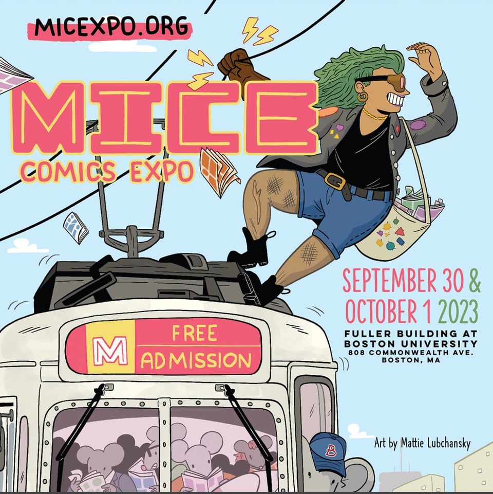 Illustration of a green-haired person riding atop an electric subway train, carrying a satchel of comic books. Below, inside the car, mice passengers read comics and the driver, also a mouse, is wearing a Boston Red Sox hat
