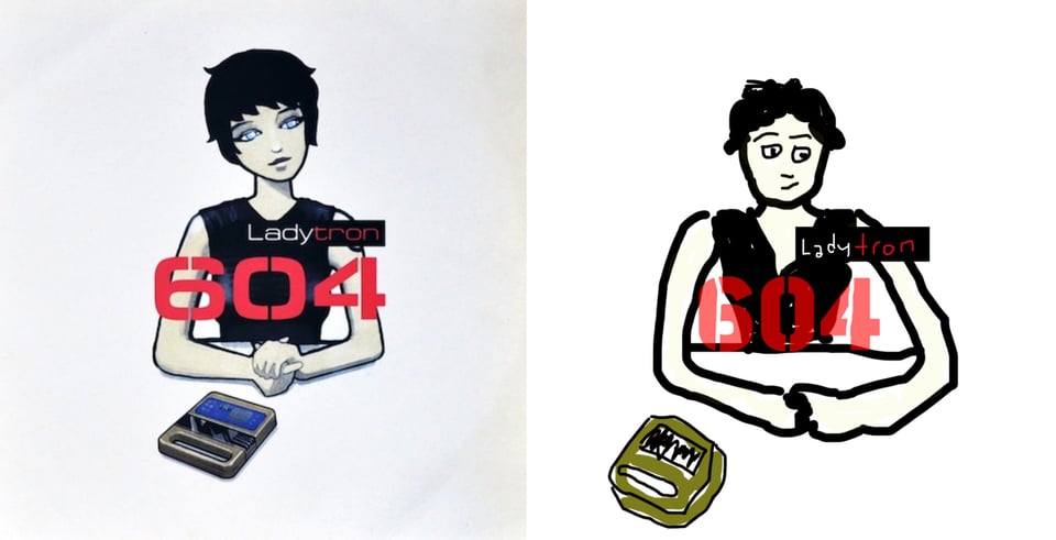 A color drawing of a young white woman, from the waist up, suggesting she is sitting at a table. She wears a black tank top, has short black hair, and icy blue eyes. She has a slight smile on her face, but her eyes make her look a bit robotic. Her hands are clasped on the table. In front of her is an electronic device that I think is some kind of recording device.