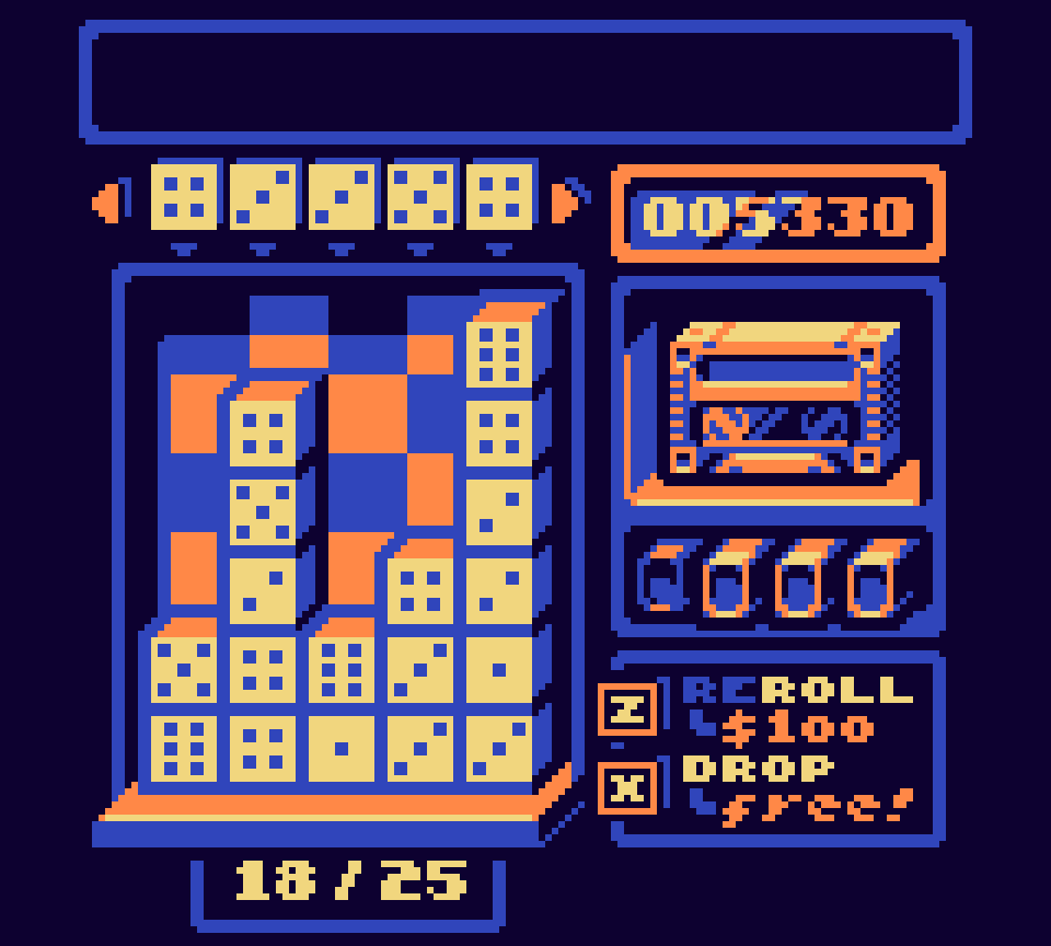 Professor Gambler's Bone Scrambler by datagoblin. Dice stack up on a game board and a cassette tape plays along side it.