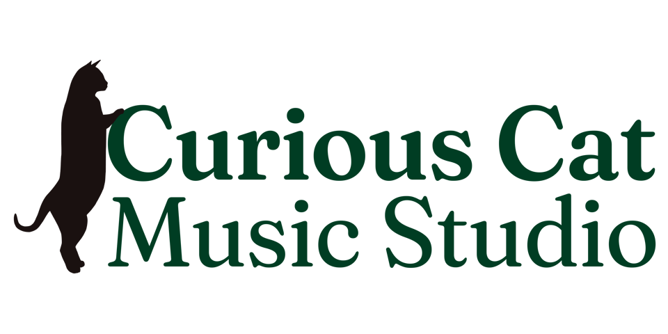 A black cat silhouette stands with paws perched on dark green serif text reading: "Curious Cat Music Studio."