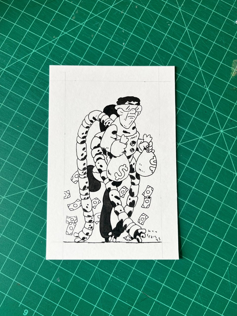 black and white drawing of doctor octopus from spiderman, carrying some sacks of money and walking on his robot arms