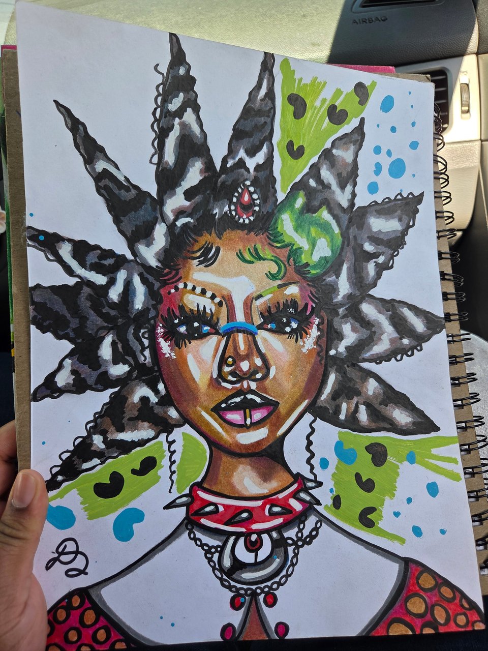 A colorful illustration of a person with elaborate, sharp hair, adorned with jewelry and vibrant facial features against a playful background.