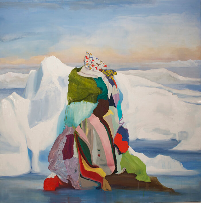 A paiting of a pile of cloth on an iceberg