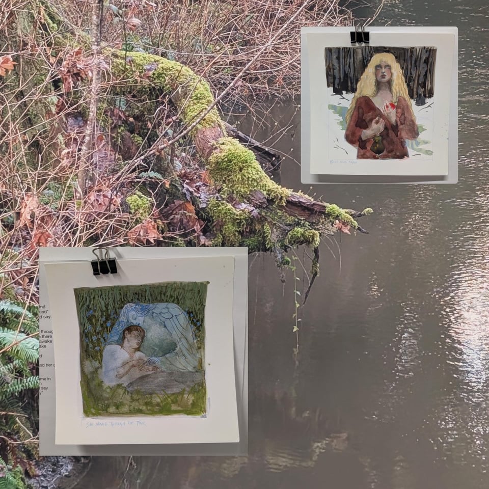 Two watercolour sketches for potential paintings, set across a photo from one of my walks on the Cowichan Trail.