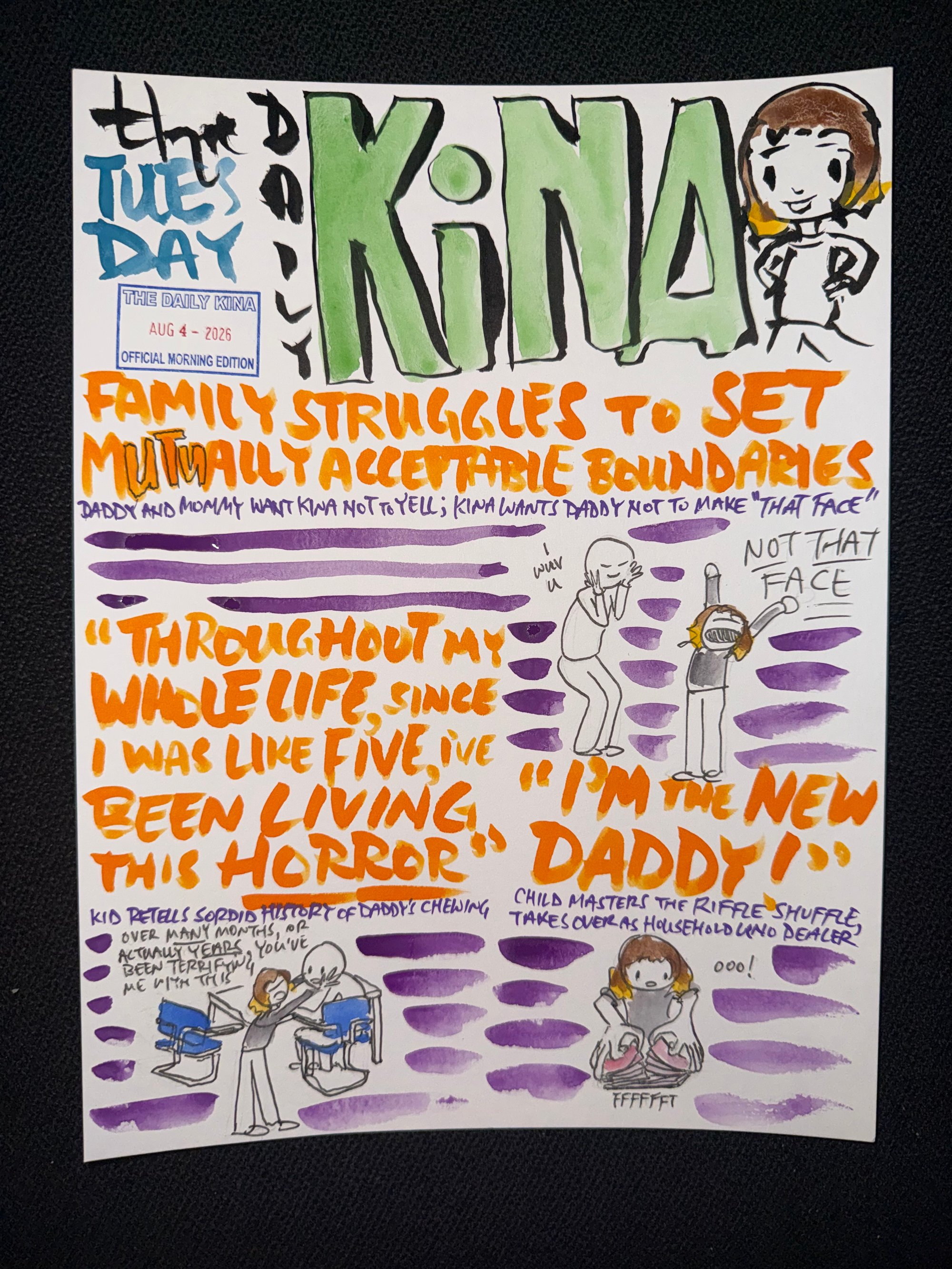 The Daily Kina for August 4, 2026. Top story: Family Struggles to Set Mutually Acceptable Boundaries. Also in this issue: “Throughout My Whole Life, Since I Was Like Five, I’ve Been Living This Horror”; “I’m the New Daddy!”.