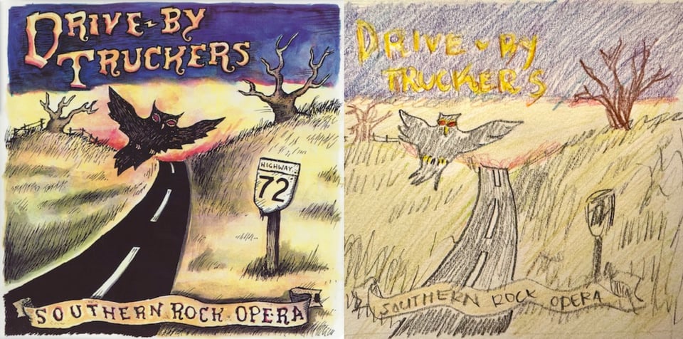 A drawing of a two lane blacktop going through a field of yellow grass. A black owl flies across the road. To the left, a sign reading HIGHWAY 72. Leafless trees and a fence on the horizon.