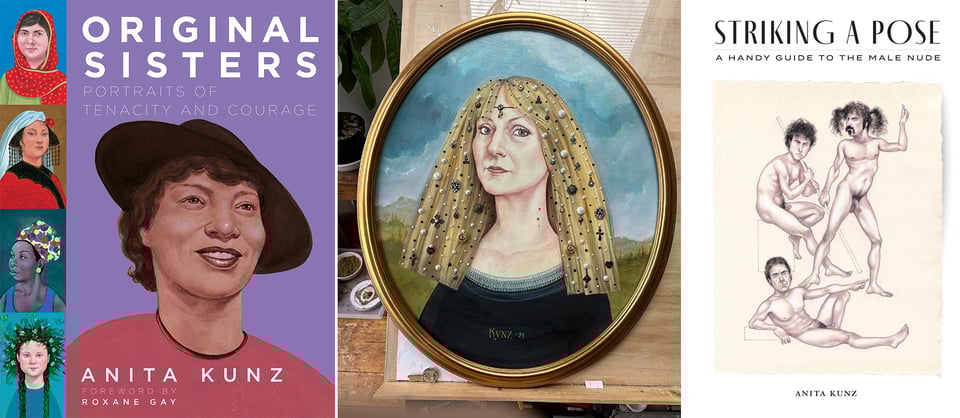 3 images: left, the cover of ORIGINAL SISTERS by Anita Kunz; center, a self-portrait by Anita; right, the cover of STRIKING A POSE, by Anita Kunz
