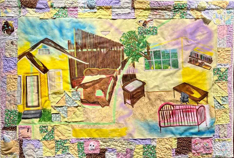 A painting of a little yellow house and two bedrooms one brown bed and one pink and brown crib with pieced fabric crazy quilt edge
