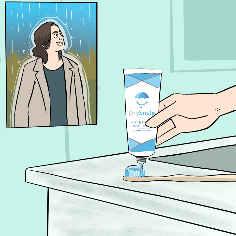 On the side of a sink lies a toothbrush, which is being loaded with toothpaste coming out of a tube which says ‘DrySmile - Weatherproof toothpaste - Stay dry in rain’ on it. There is a an inserted picture which shows somebody standing out in the rain with a protective aura around them with rain bouncing off them.