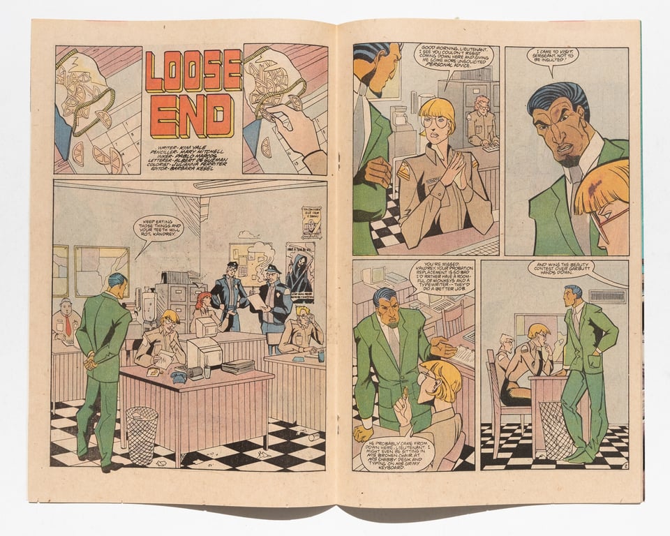 spread from Manhunter of a backup story illustrated by Mary Mitchell
