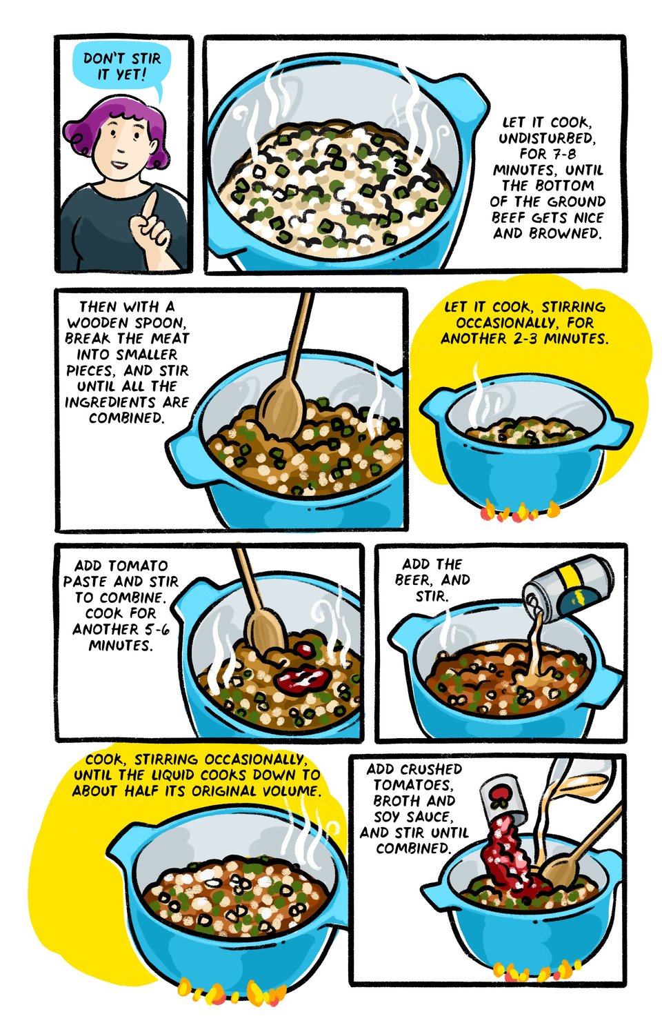 Do not stir it or break it up yet!
Let it cook, undisturbed, for 7-8 minutes, until the bottom of the ground beef layer becomes nice and browned.
Then with a wooden spoon, break the meat into smaller pieces, and stir until all the ingredients are combined.
Let it cook, stirring occasionally, for another 2-3 minutes.
Add tomato paste and stir to combine, and cook for another 5-6 minutes.
Add the beer, and stir.
Cook, stirring occasionally, until the liquid cooks down to about half its original volume.
Add crushed tomatoes and soy sauce, and stir until combined.
