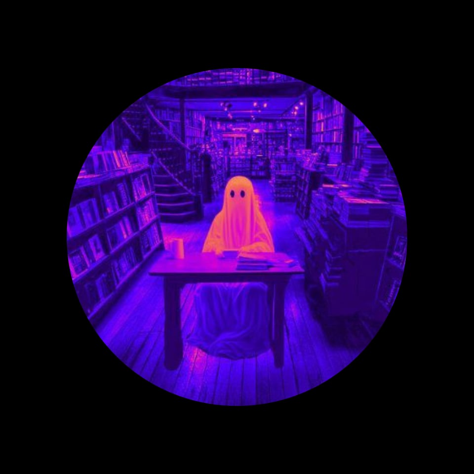 An image of a pink ghost selling books in a purple bookstore.