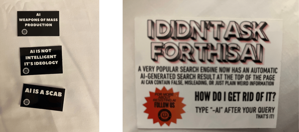 stickers with anti-AI messages from The Library Freedom project