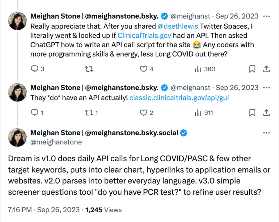 Series of tweets by Meighan Stone discovering the ClinicalTrials.gov API and proposing a website that makes it easier for people with Long Covid to find research studies.