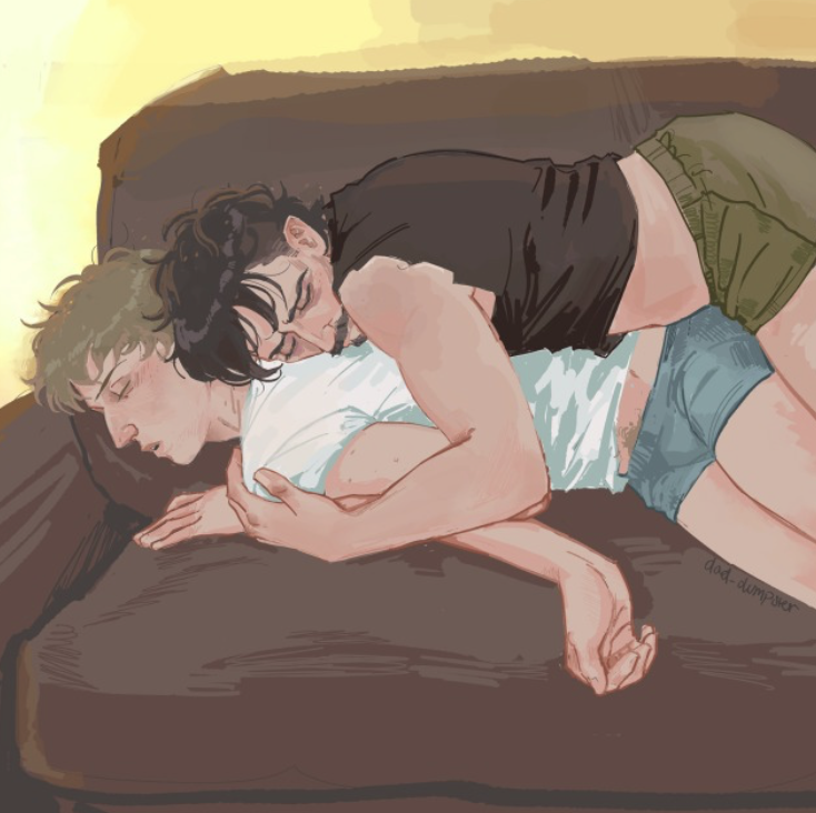 Randy and Benson from THE PASSENGER spooning on a couch