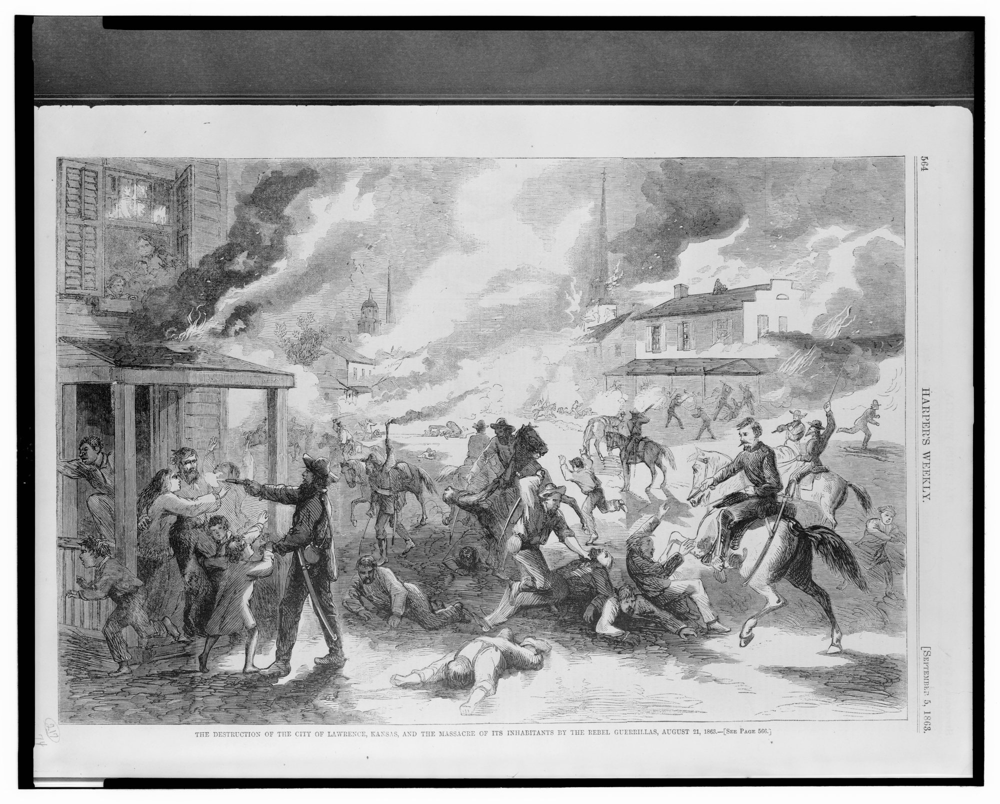 Title: The destruction of the city of Lawrence, Kansas, and the massacre of its inhabitants by the Rebel guerrillas, August 21, 1863 Abstract/medium: 1 print : wood engraving ; 27 x 39.6 cm (sheet)