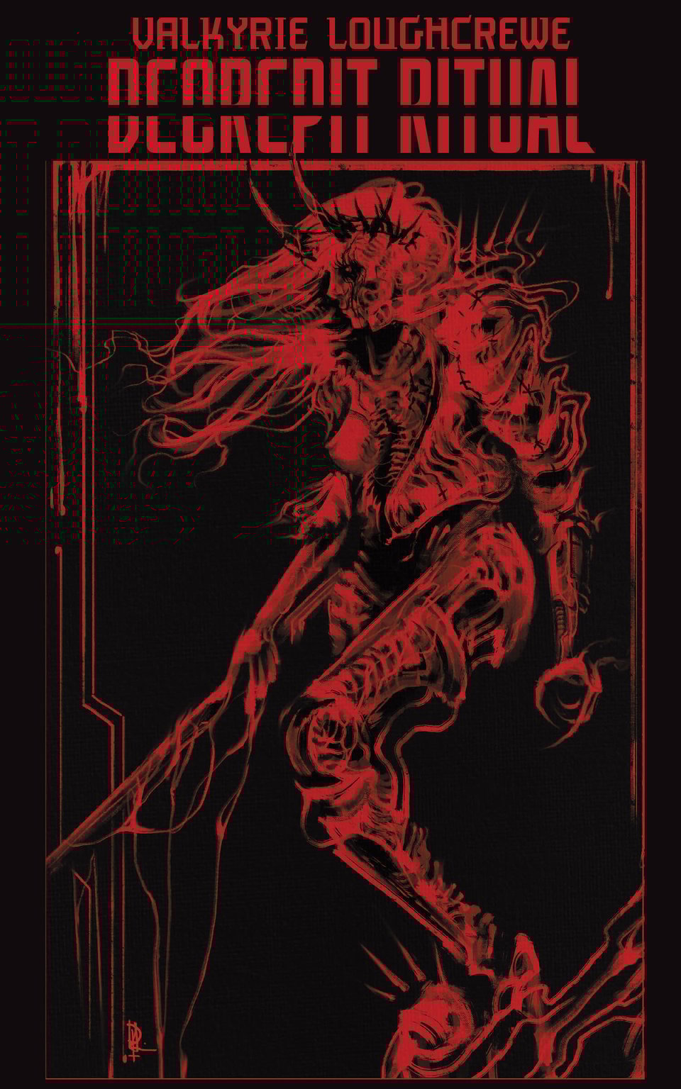 cover black background, red ink, fantasy character holding weird sword