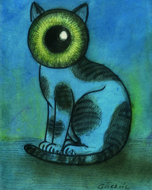 a blue and green cartoon or illustration of a cat with a giant eyeball for a head