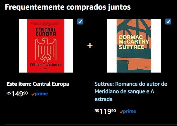 Print da loja online Amazon mostrando capas dos romances Central Europa de William T. Vollmann e Suttree de Cormac McCarthy como frequentemente comprados juntos